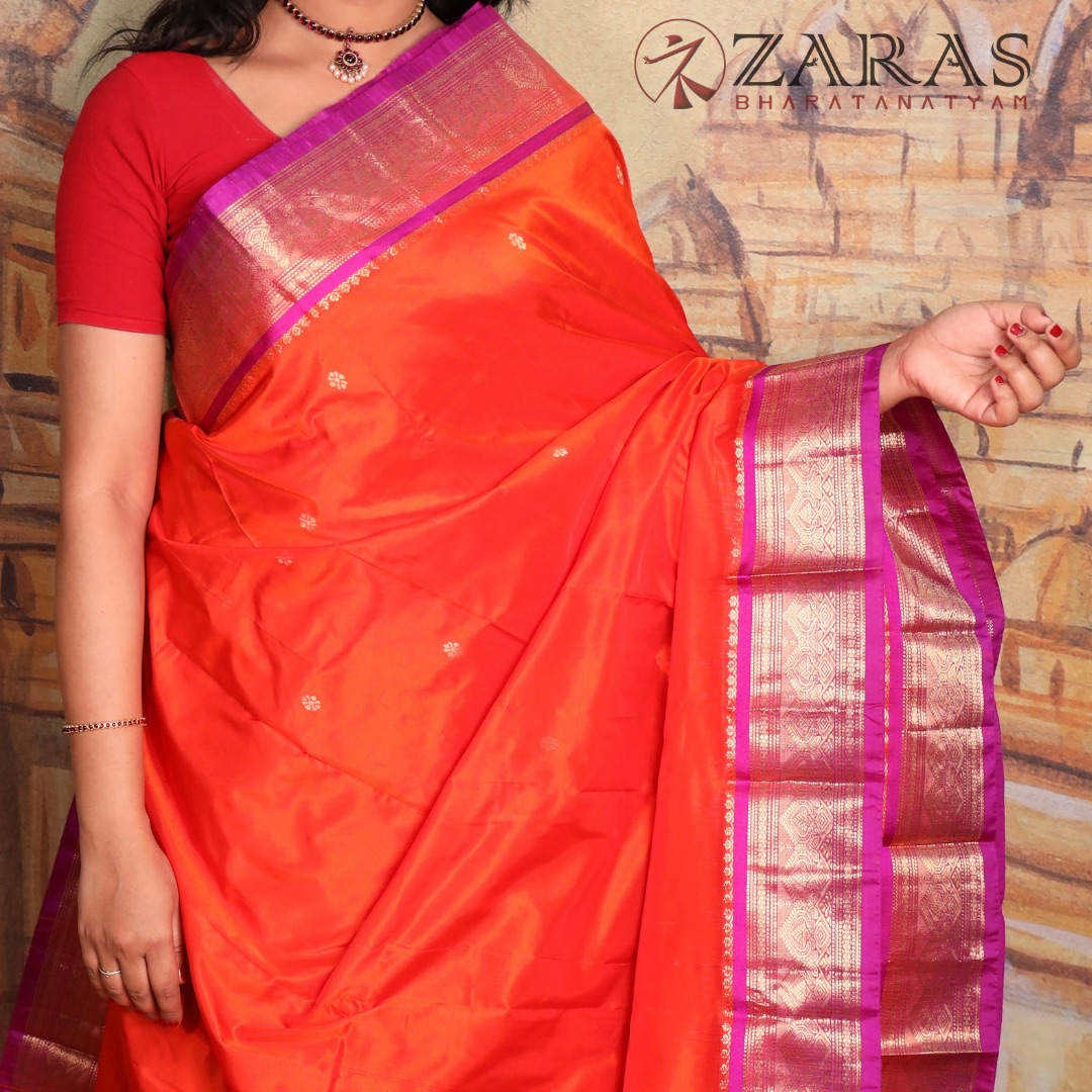 Dharmavaram Pure Pattu (Silk) Saree + Costume Stitching Readymade (Orange with Purple)