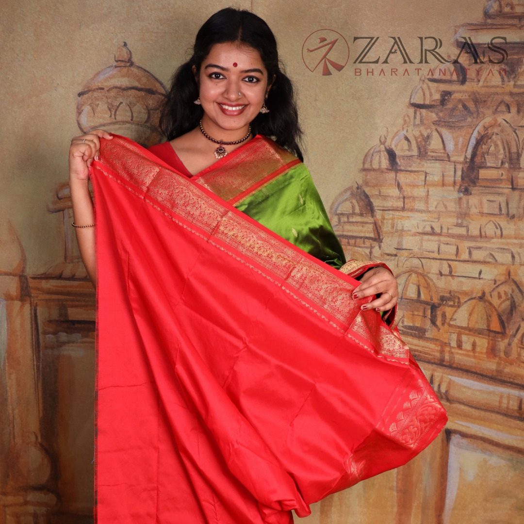 Dharmavaram Pure Pattu (Silk) Saree + Costume Stitching Readymade (Pasi Green with Red)