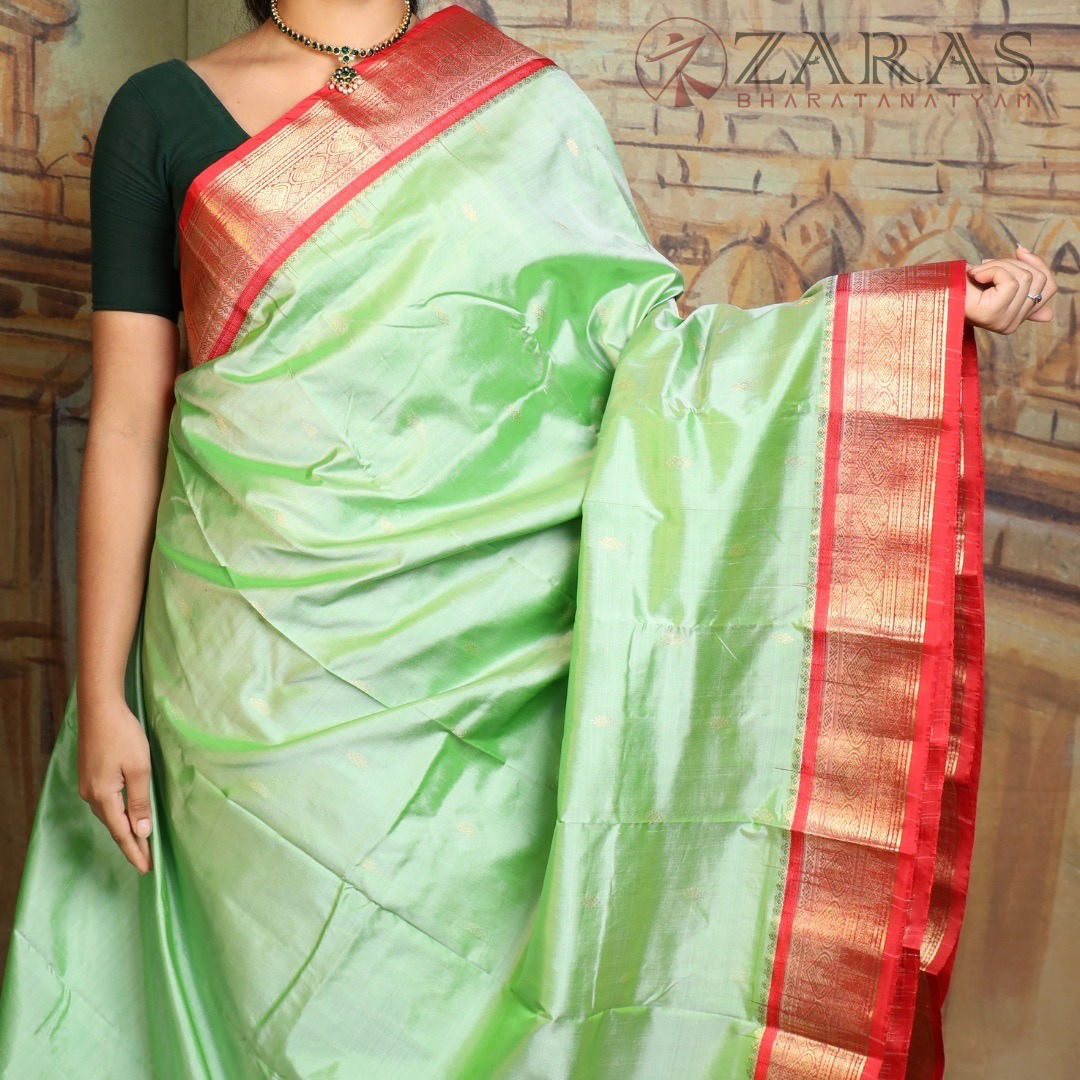 Dharmavaram Pure Pattu (Silk) Saree + Costume Stitching Readymade (Pista Green with Red)