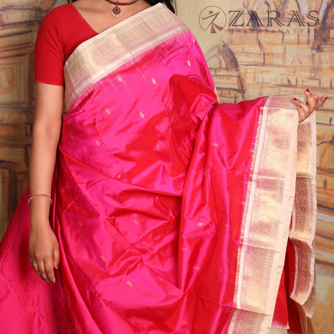Dharmavaram Pure Pattu (Silk) Saree + Costume Stitching Readymade (Pink with Half White )
