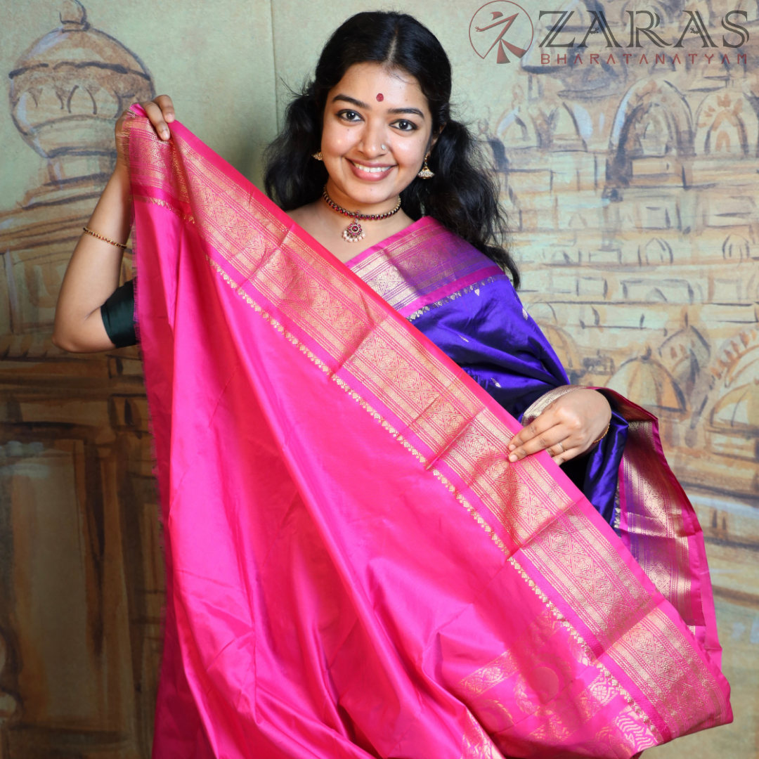 Dharmavaram Pure Pattu (Silk) Saree + Costume Stitching Readymade (V Blue with Pink)