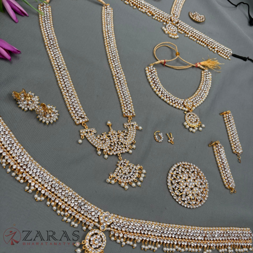 Bharatanatyam Dance Jewellery - Sow & Flower White Stone Full Set