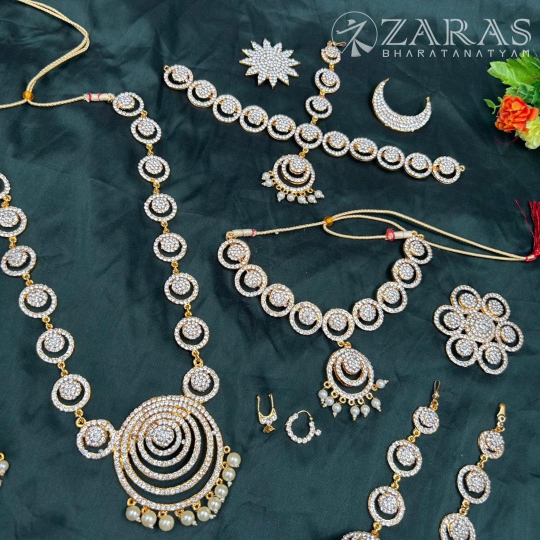 Bharatanatyam Dance Jewellery - Round Flower White Stone Full Set