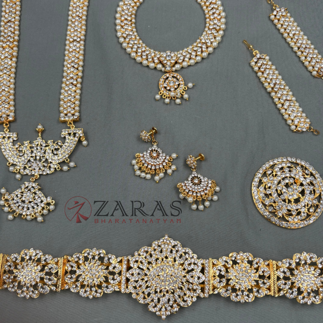 Bharatanatyam Dance Jewellery - V & Flower White Stone Full Set