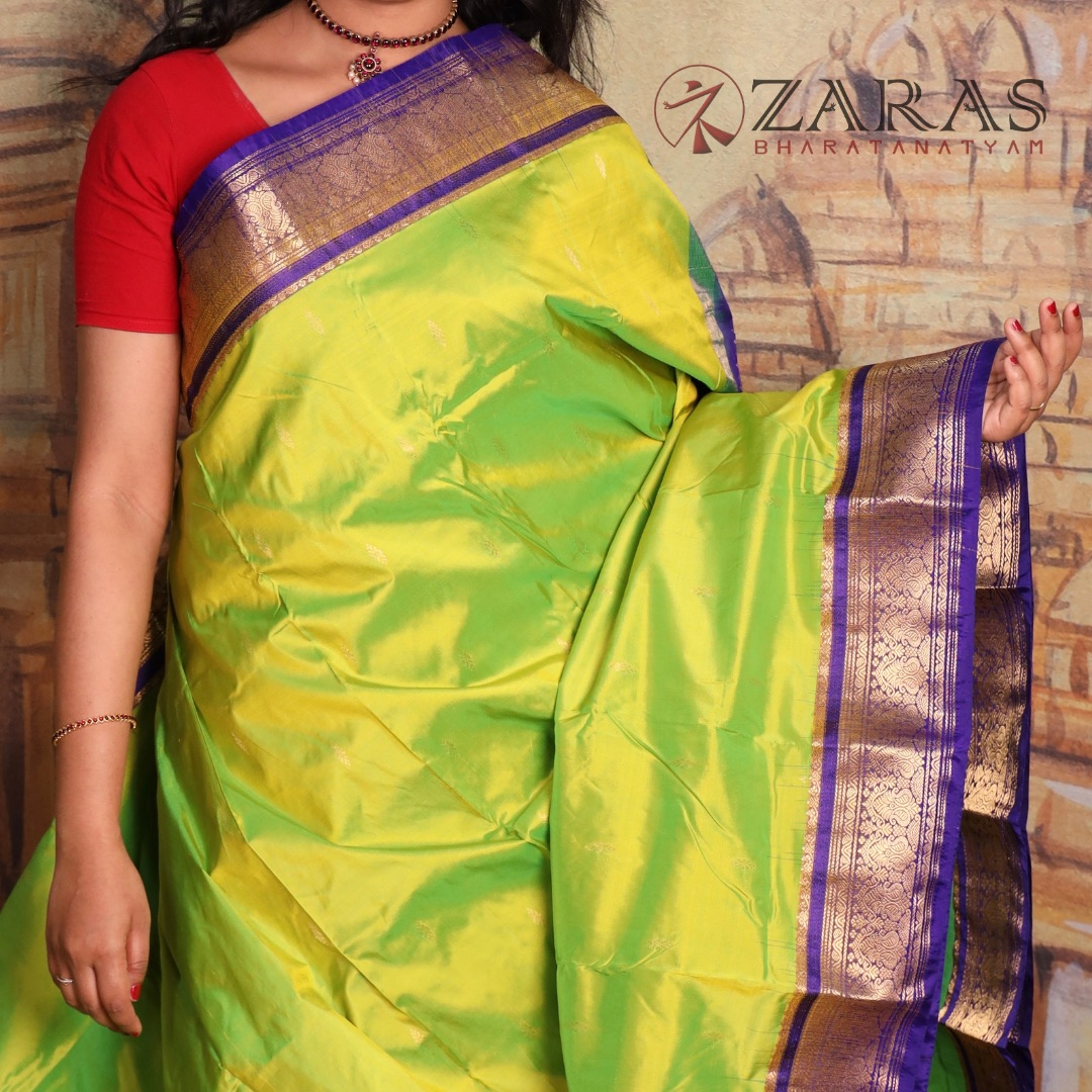 Dharmavaram Pure Pattu (Silk) Saree + Costume Stitching Readymade (Li Green with V Blue)