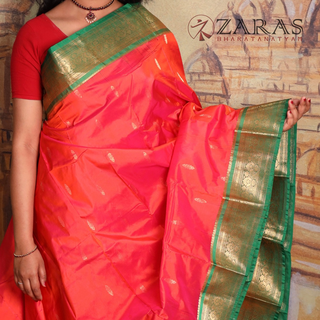 Dharmavaram Pure Pattu (Silk) Saree + Costume Stitching Readymade (Peach Pink with Green)
