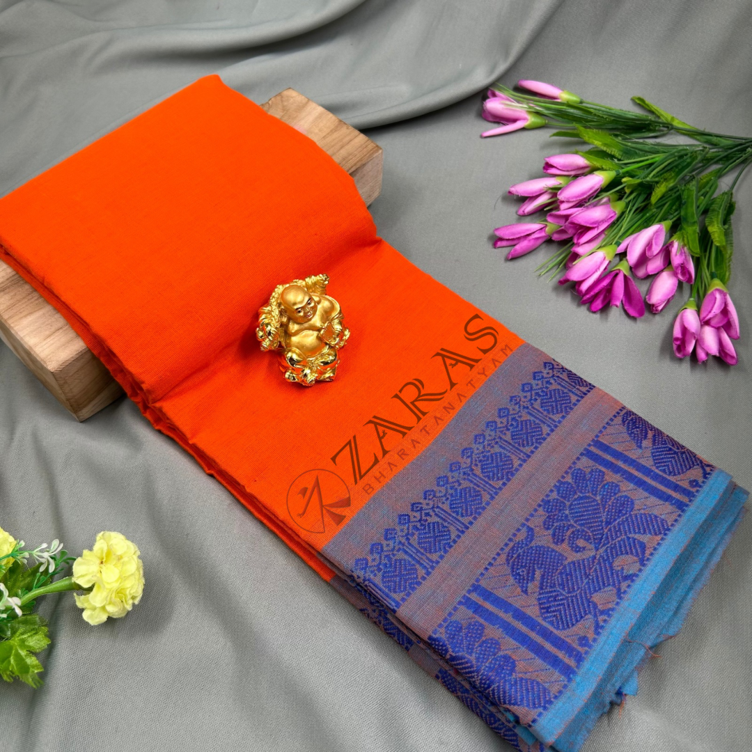 Bharatanatyam Dance Practice Saree - Orange with Blue Big Peacock Border image 0