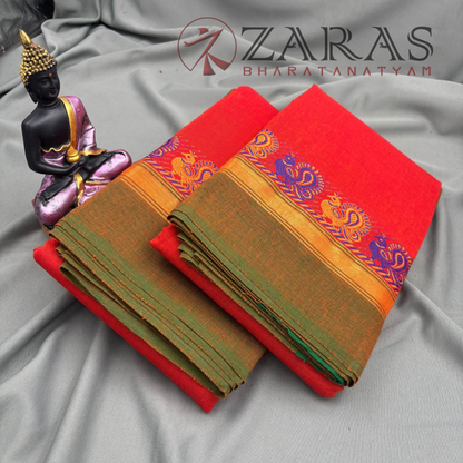 Bharatanatyam Dance Practice Saree - Orange with Green Small Peacock Border image 1