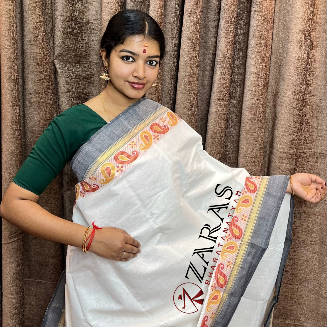 Bharatanatyam Dance Practice Saree - White Grey Manga Border image 0