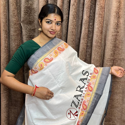 Bharatanatyam Dance Practice Saree - White Grey Manga Border image 0