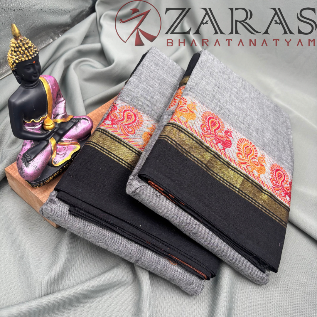 Bharatanatyam Dance Practice Saree -  Grey Black Small Peacock Border image 2