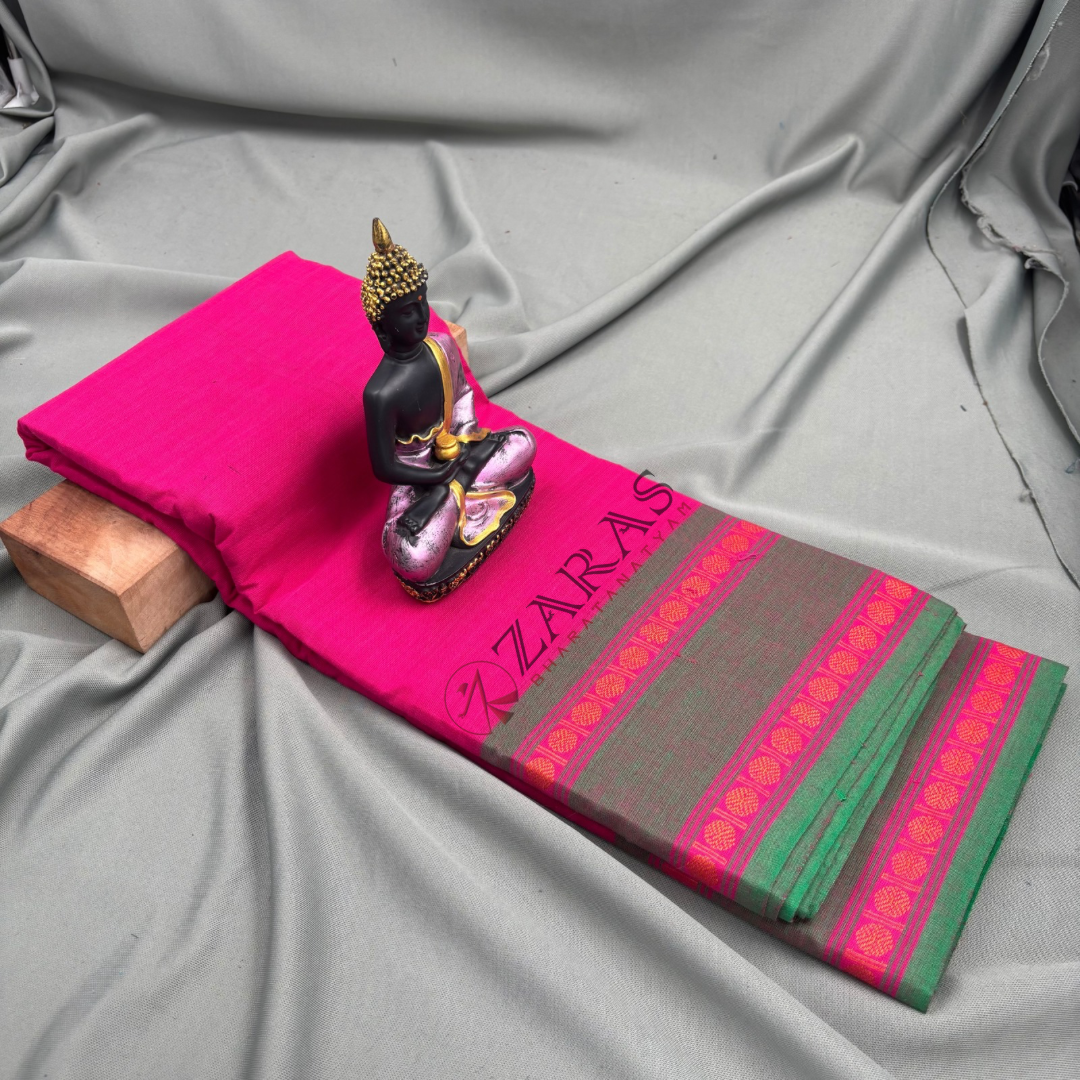 Bharatanatyam Dance Practice Saree - Pink with Green Double Coin Border image 1