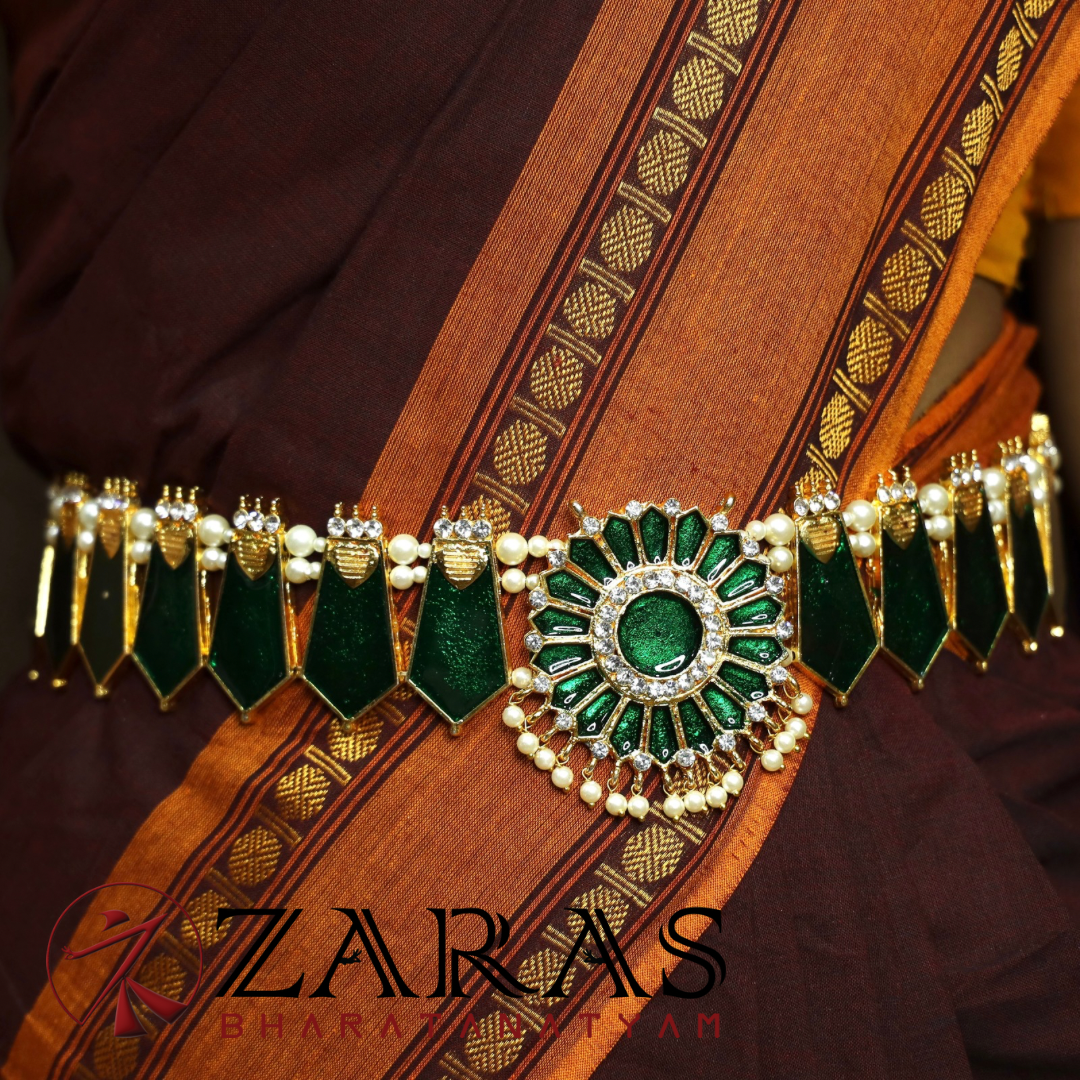 Bharatanatyam Dance Jewellery - Green Flower WS Hip Belt (Ottiyanam) Stone image 0