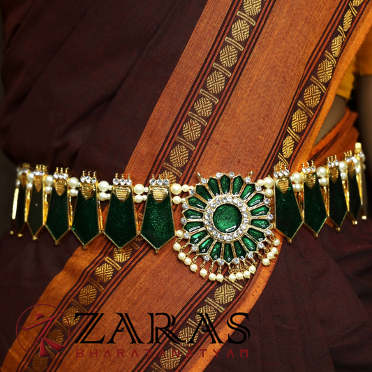 Bharatanatyam Dance Jewellery - Green Flower WS Hip Belt (Ottiyanam) Stone image 0