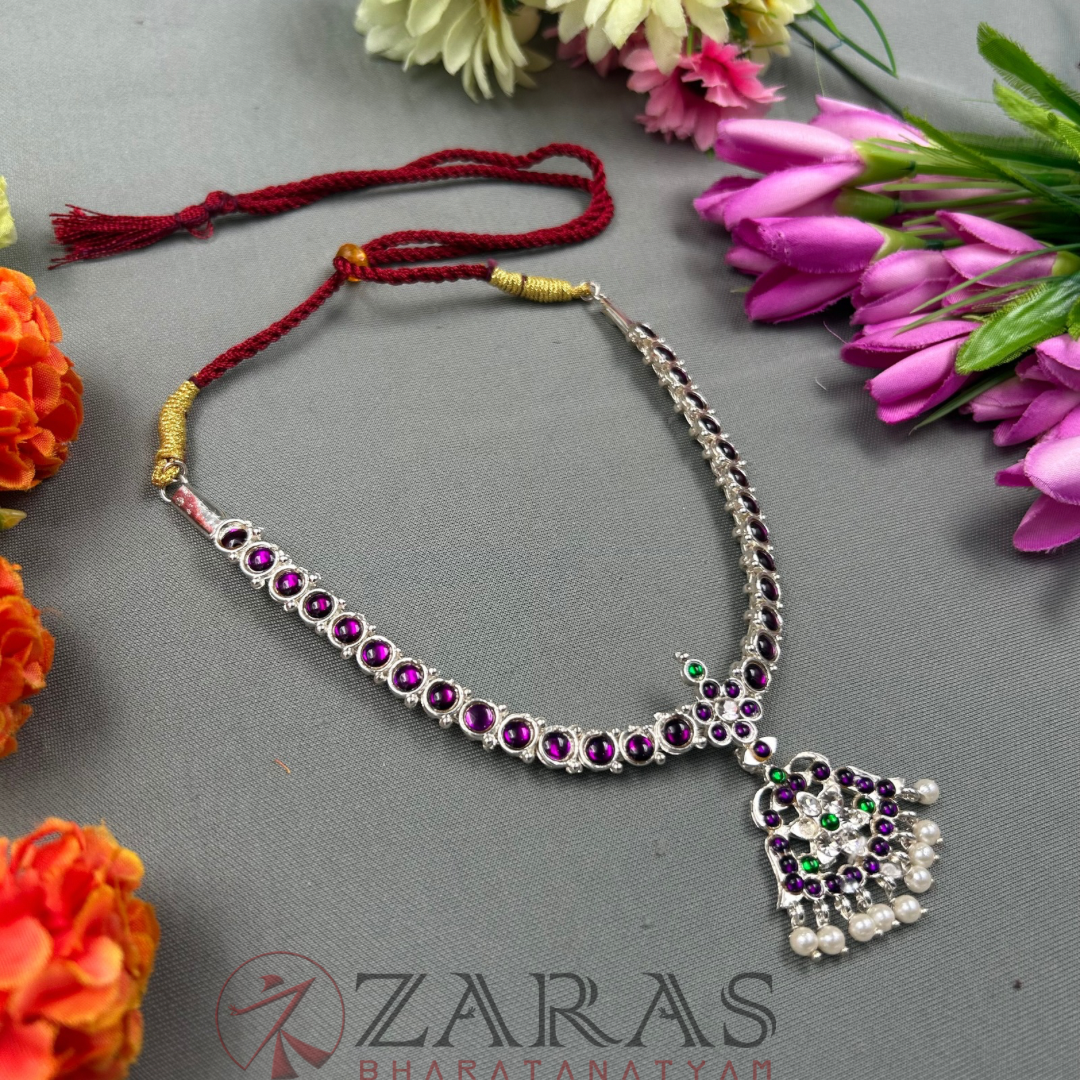 Bharatanatyam Dance Silver Jewellery - 1 Line Attigai Necklace PG Kemp Stone image 2