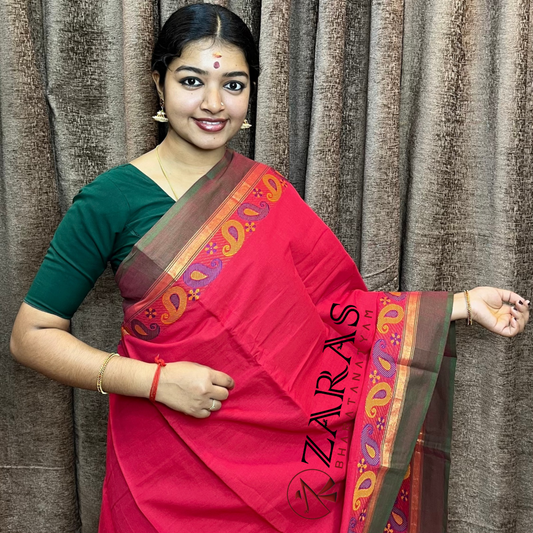 Bharatanatyam Dance Practice Saree - Red Green Manga Border image 0