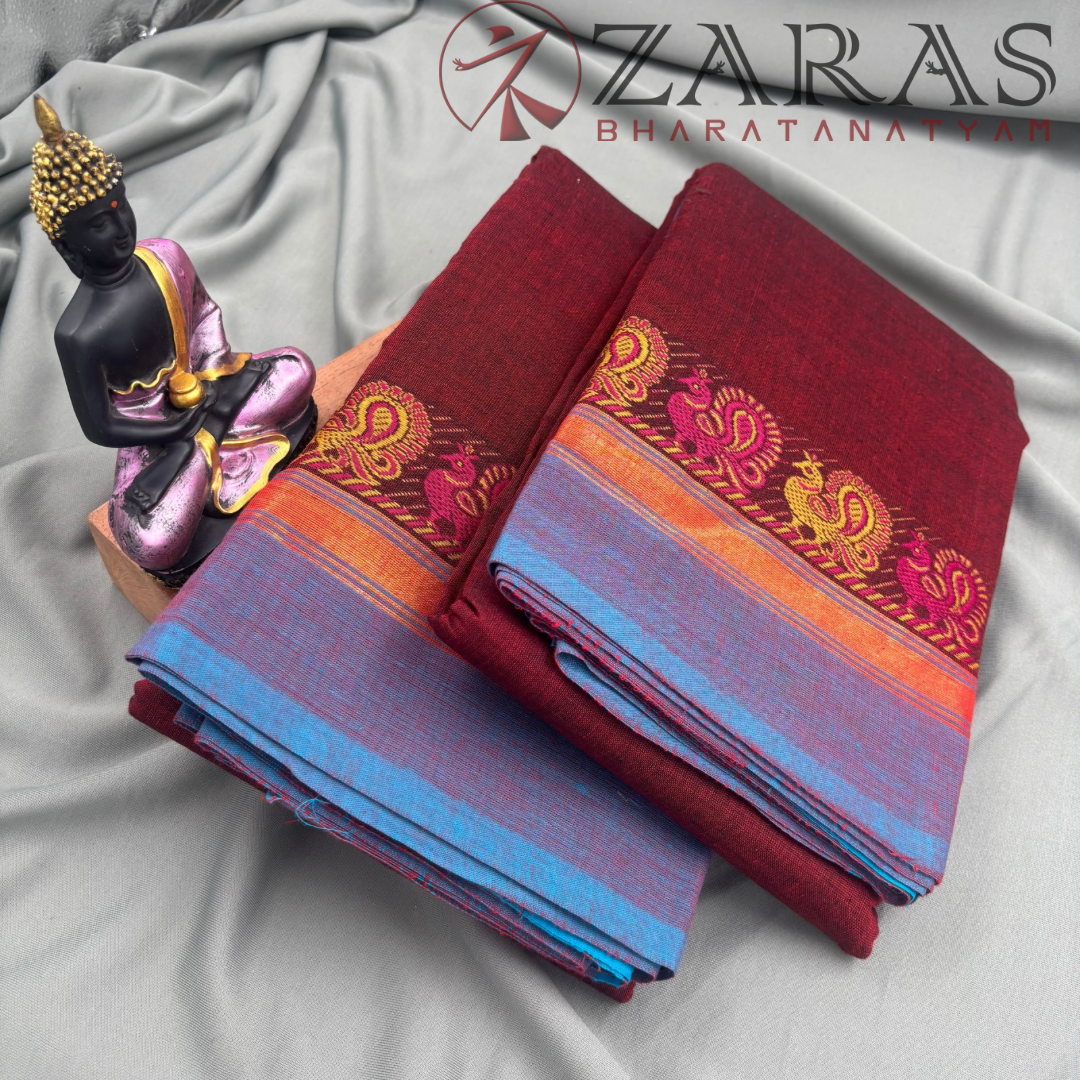 Dance Practice Saree - Maroon with Blue Small Peacock Border image 1