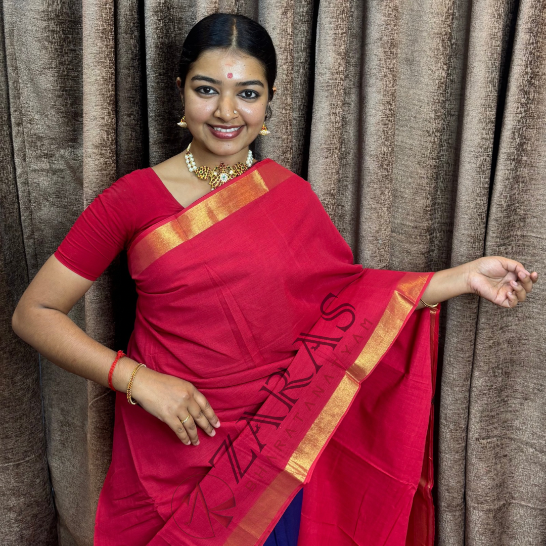 Bharatanatyam Dance Practice Saree - Red with Gold Plain Border image 0