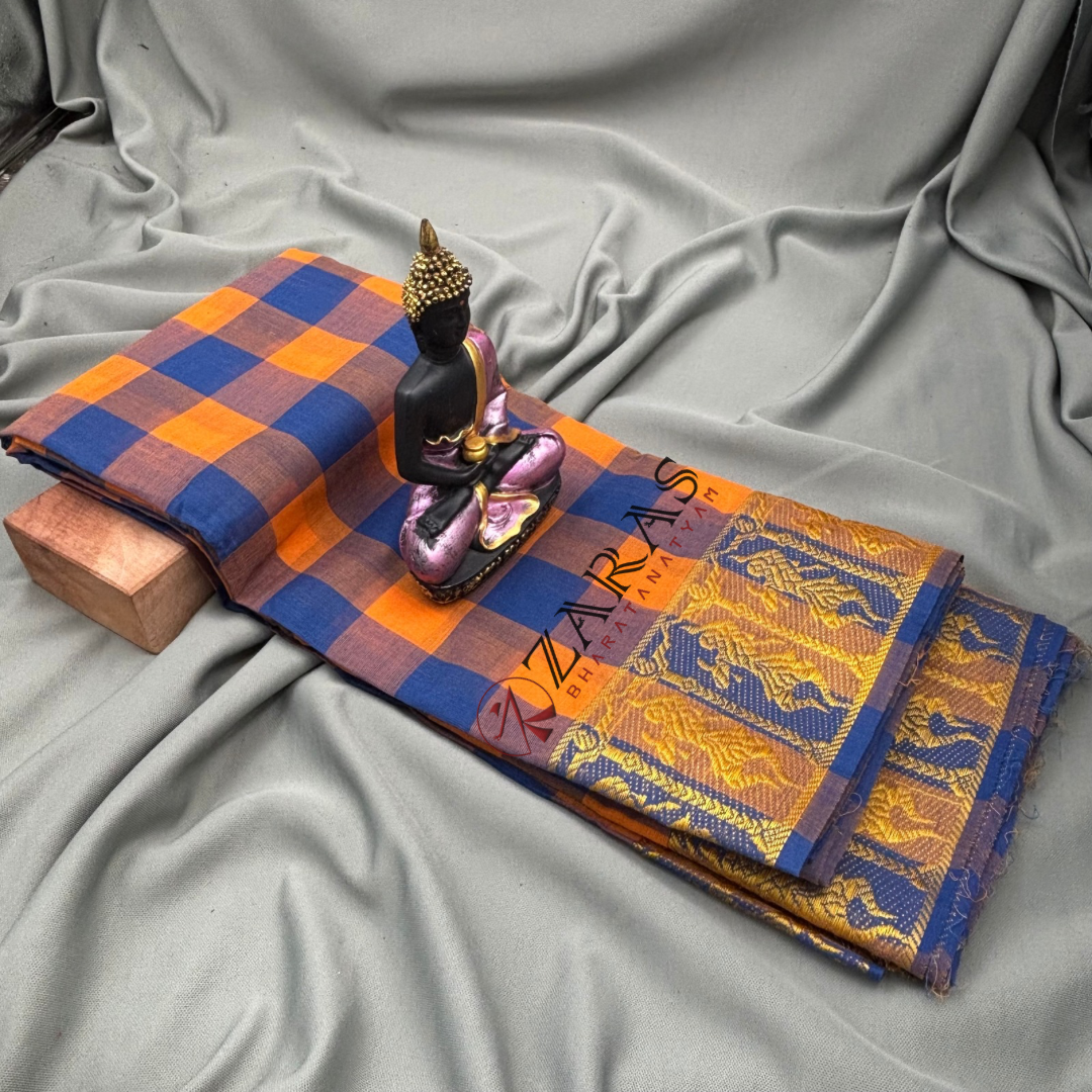 Bharatanatyam Dance Practice Saree - M Yellow and Blue Checked With Gold Doll Border image 1