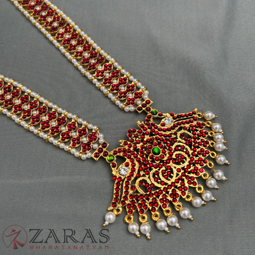 Bharatanatyam Dance Jewellery - Peacock with Mee Pearls RG Kemp Haaram / Long Chain image 3