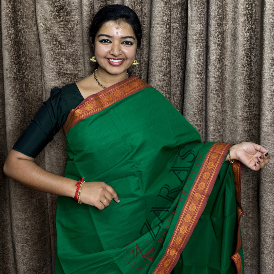 Bharatanatyam Dance Practice Saree - Green with Brown Single Coin Border image 0