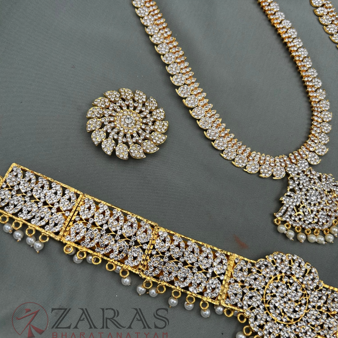Bharatanatyam Dance Jewellery - Manga Design White Stone Full Set image 2