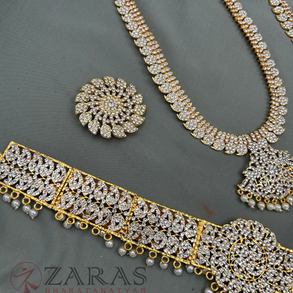 Bharatanatyam Dance Jewellery - Manga Design White Stone Full Set image 2