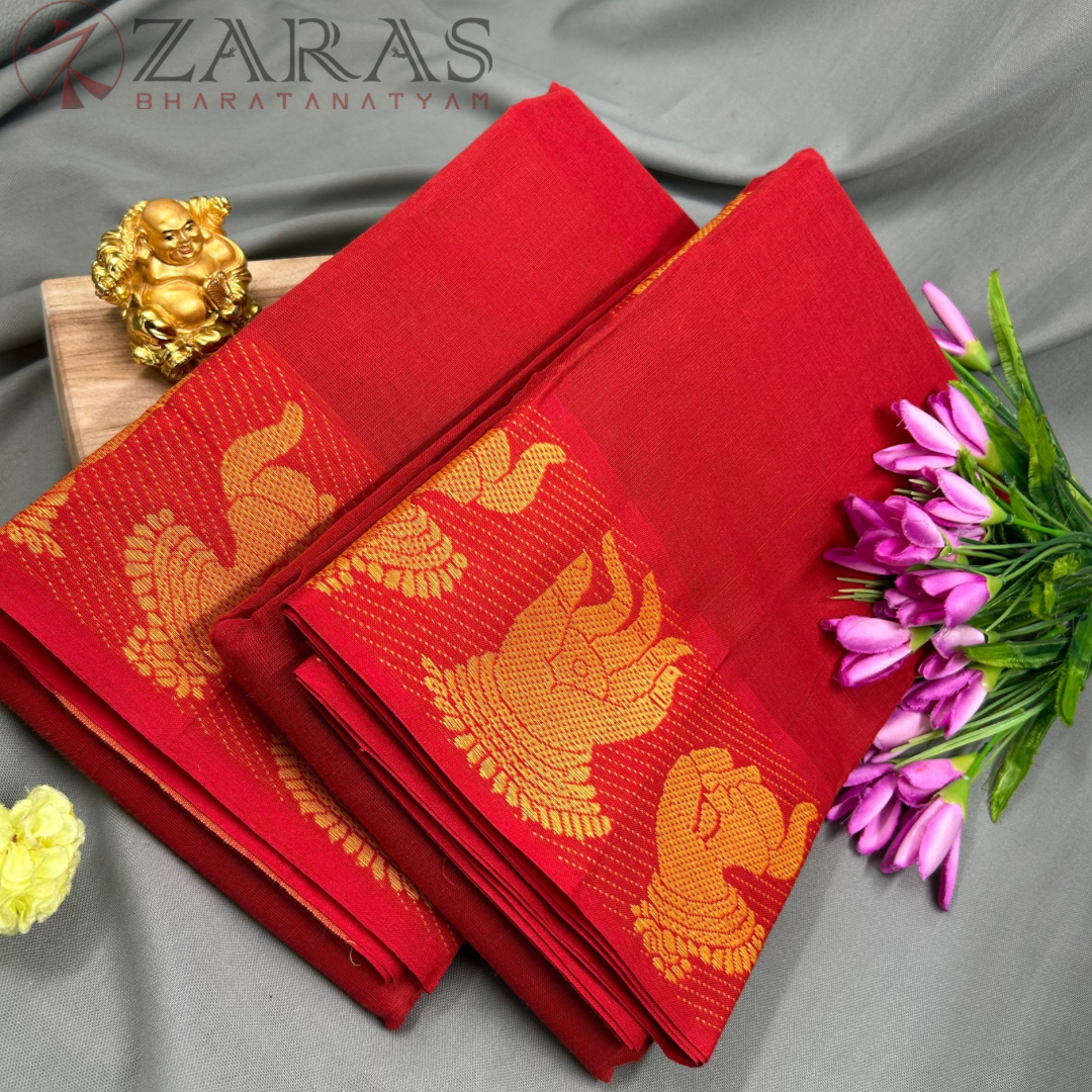 Bharatanatyam Dance Practice Saree - Red with Gold Mudra Border image 1