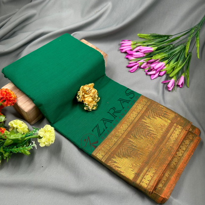 Bharatanatyam Dance Practice Saree - Green with M Yellow Temple Border (6mtr) image 0