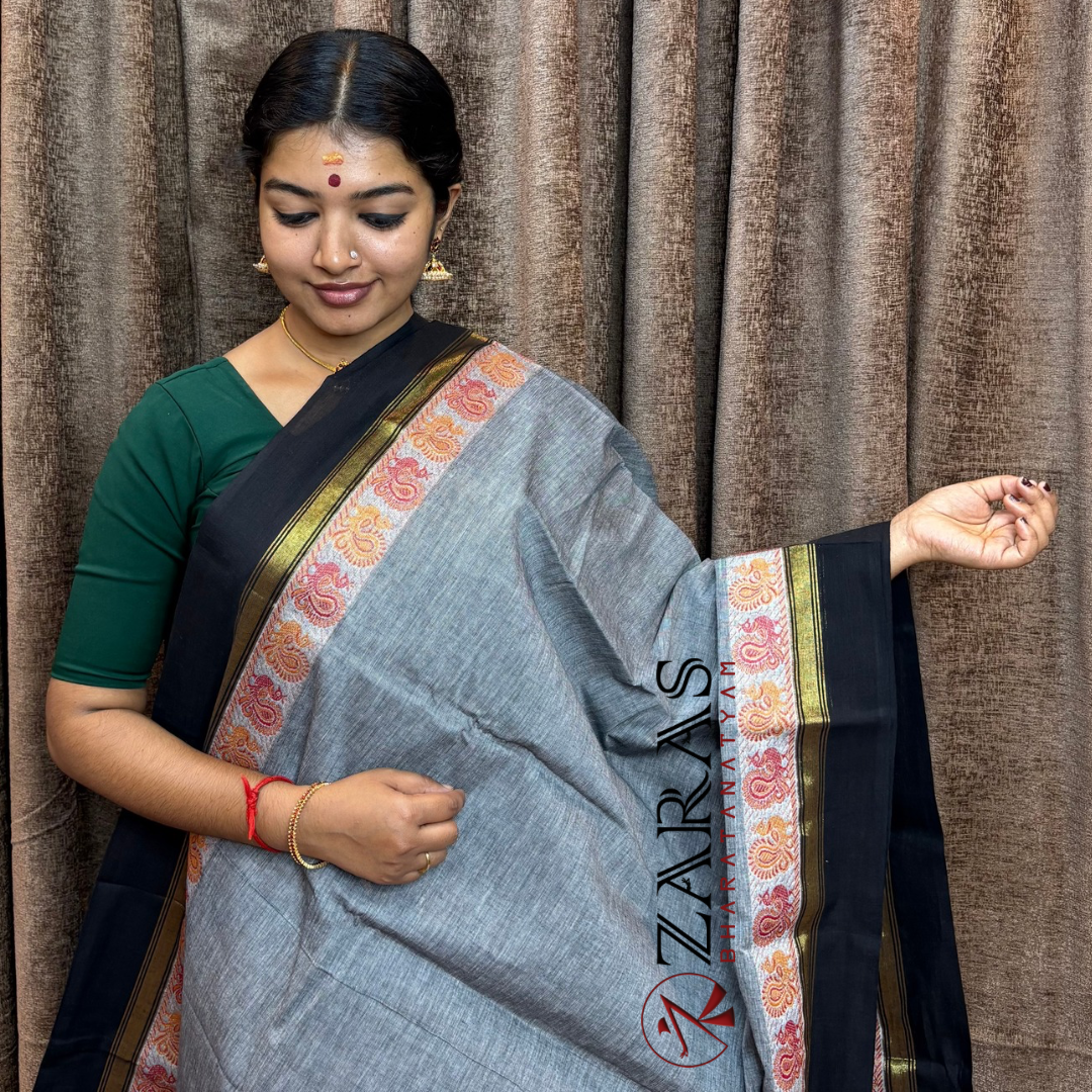 Bharatanatyam Dance Practice Saree -  Grey Black Small Peacock Border image 0