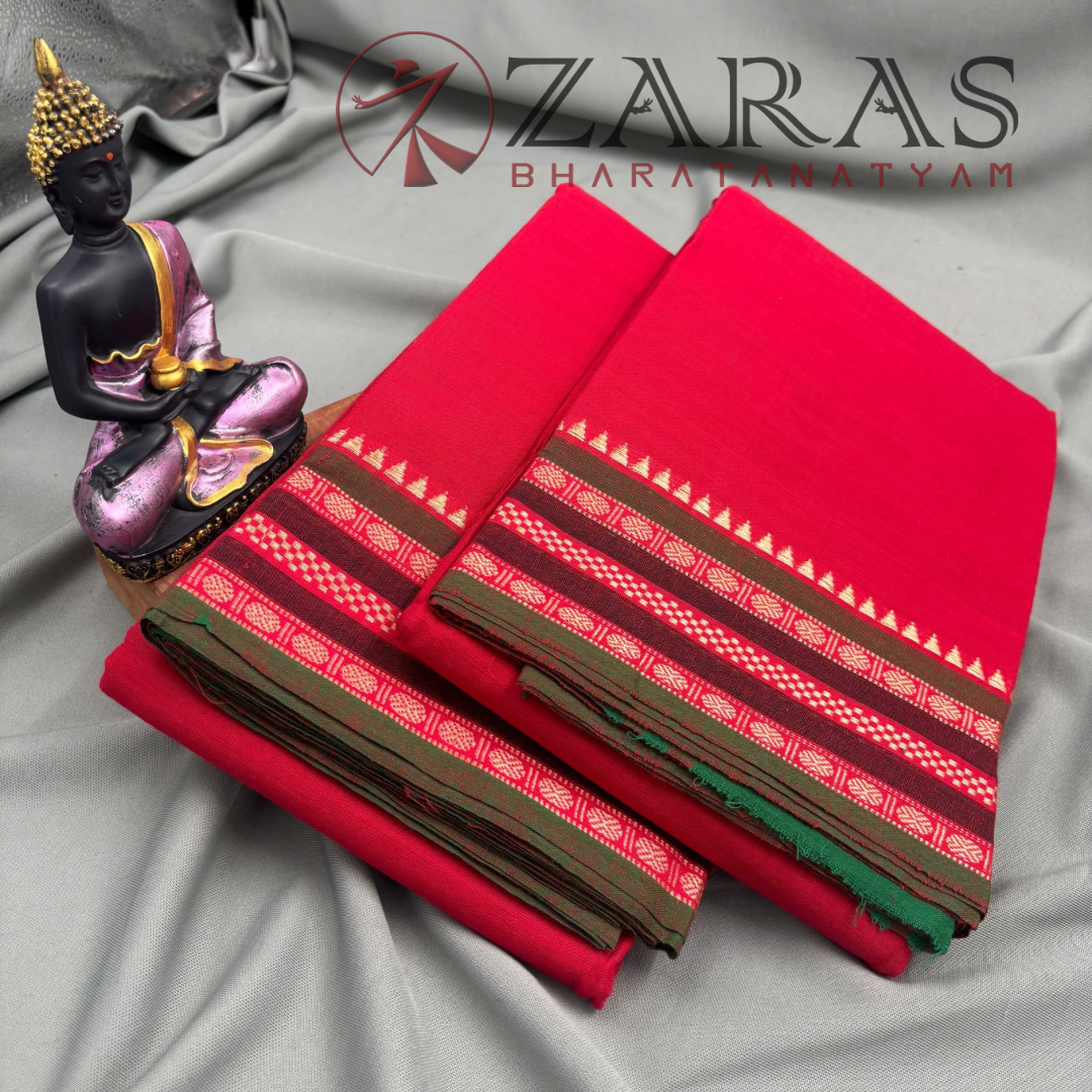 Bharatanatyam Dance Practice Saree - Red with Green Double Coin Border image 2