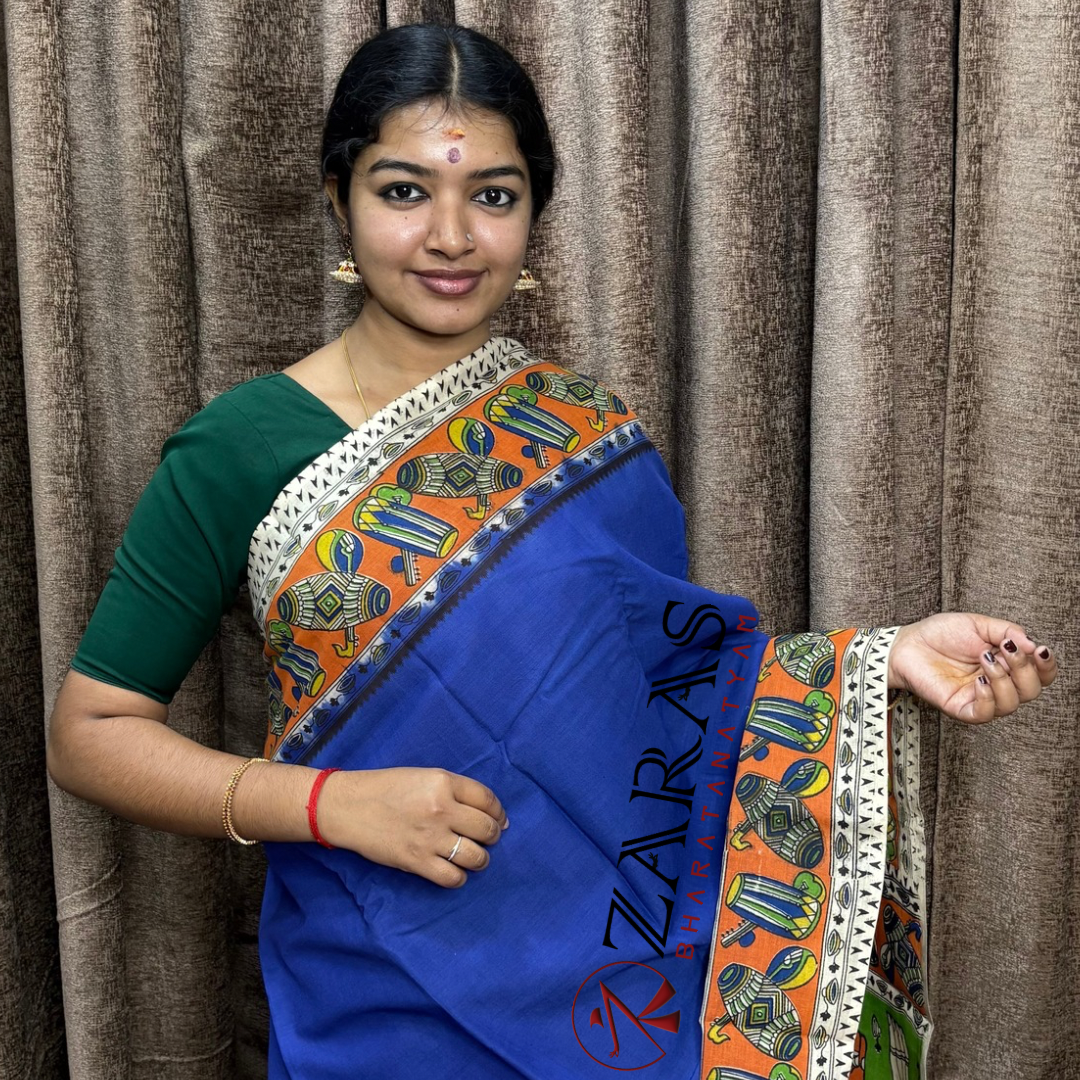 Bharatanatyam Dance Practice Saree - Blue with Orange Kalamkari Saree image 0