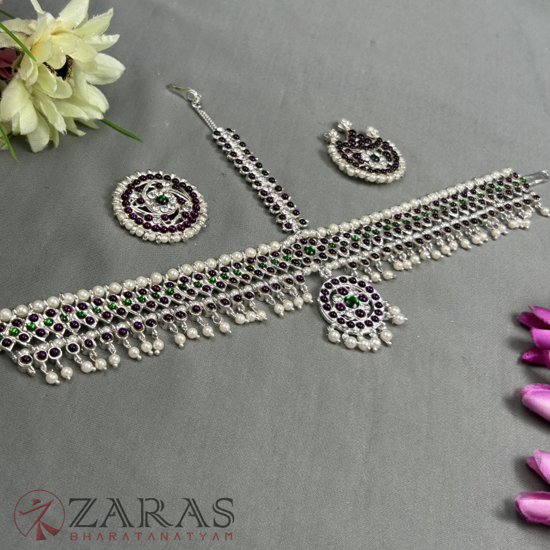 Bharatanatyam Dance Jewellery Silver - Headset Round & V RG Kemp Beads CS image 0