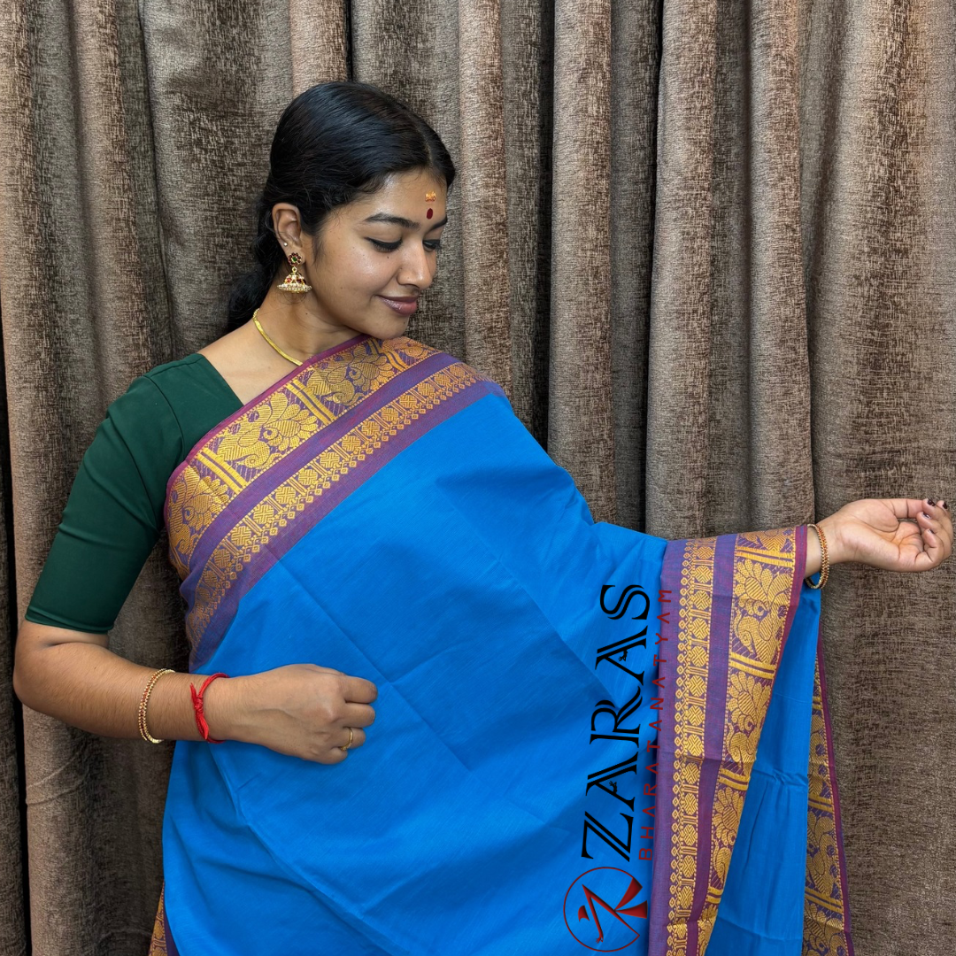 Bharatanatyam Dance Practice Saree - Blue L Gold Big Peacock Border image 0