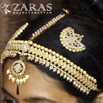 Bharatanatyam Dance Jewellery - Headset Gold White Stone V image 0