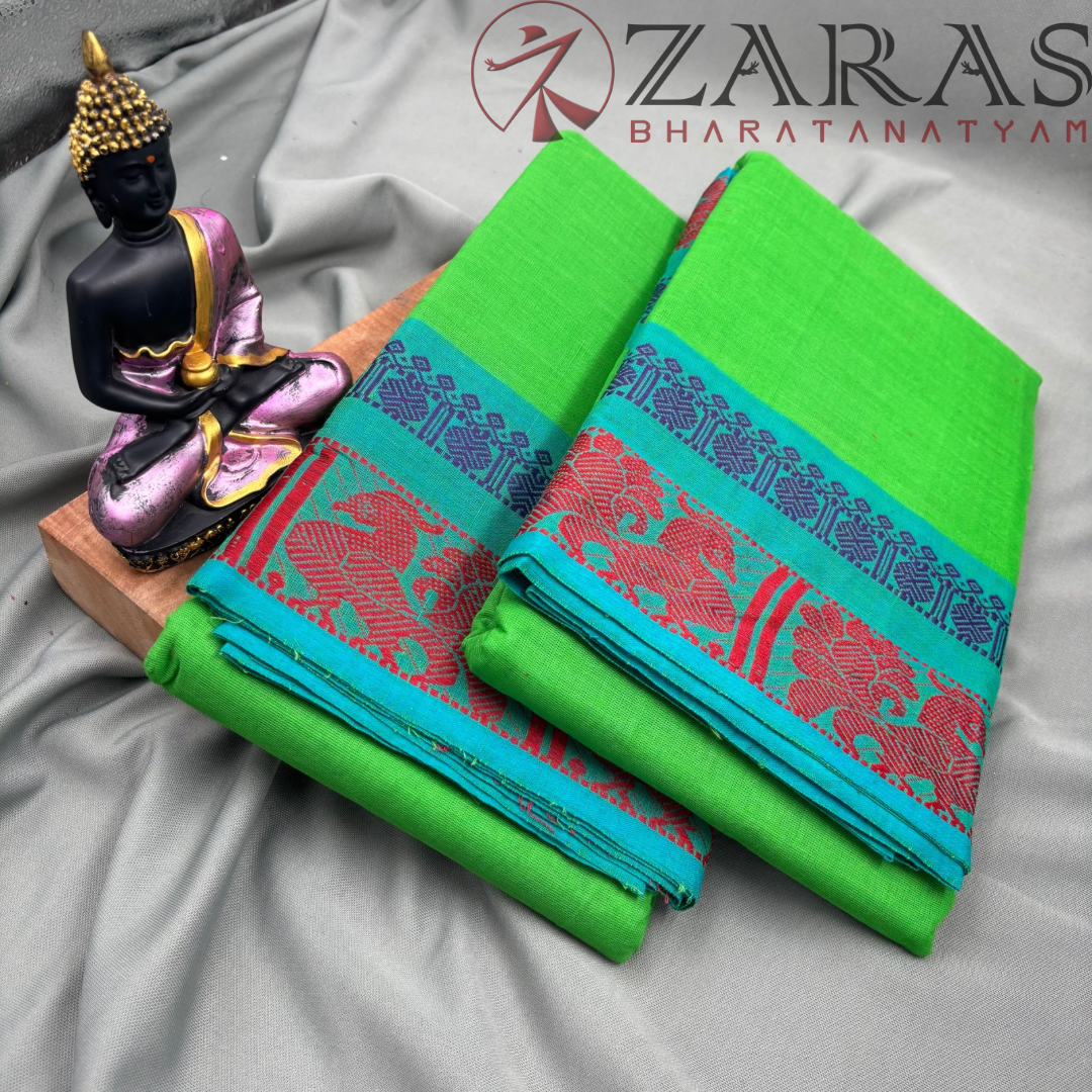 Bharatanatyam Dance Practice Saree - Light Green Red Big Peacock Border image 2