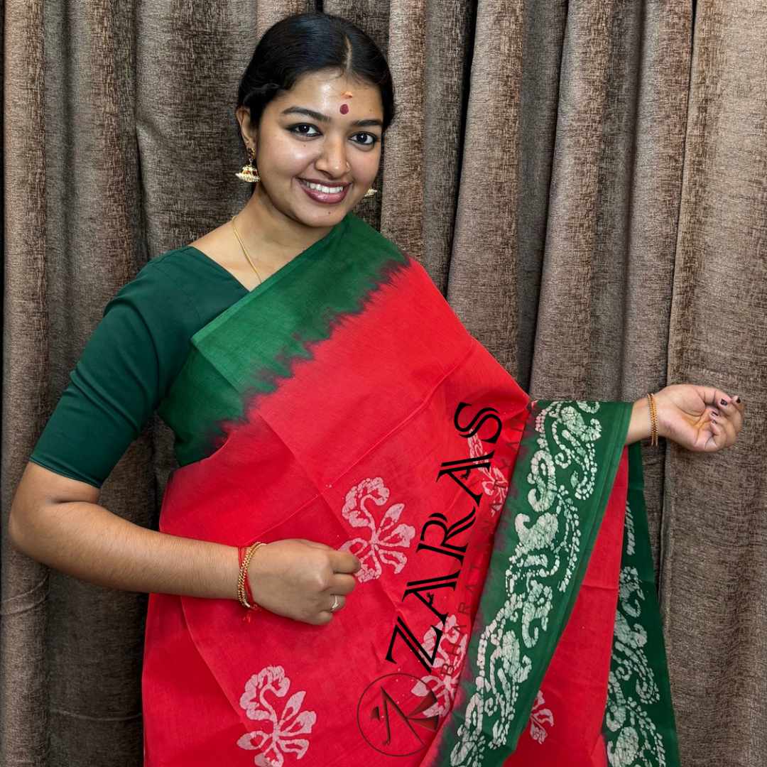 Bharatanatyam Dance Practice Saree - Red with Green Bandini Saree image 0