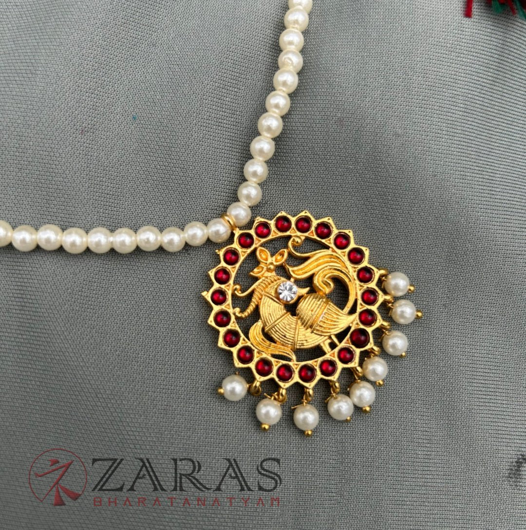 Bharatanatyam Dance Jewellery - Necklace 1 Line Beads Round & Peacock Red Kemp image 0