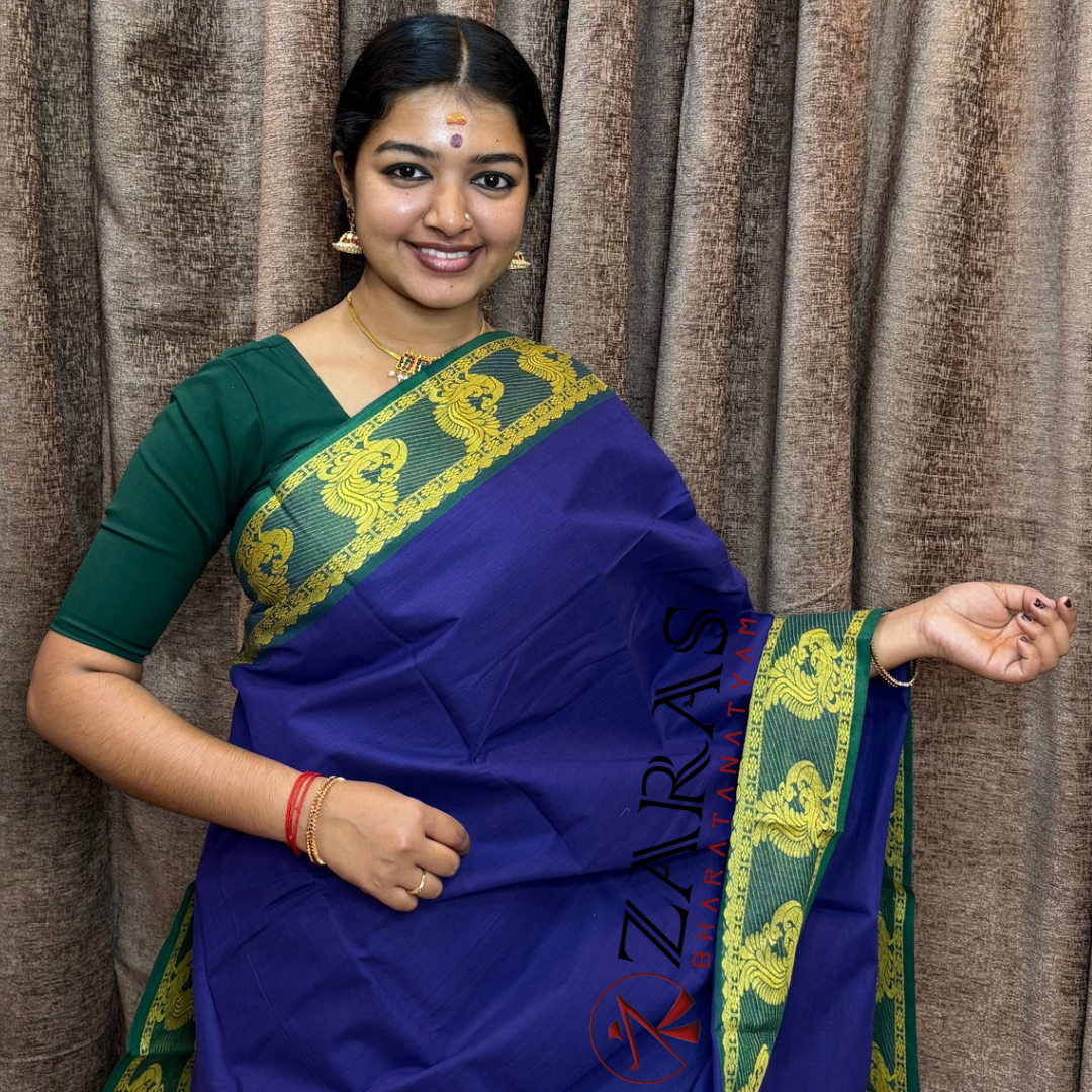 Bharatanatyam Dance Practice Saree - Blue D Green Peacock Border image 0