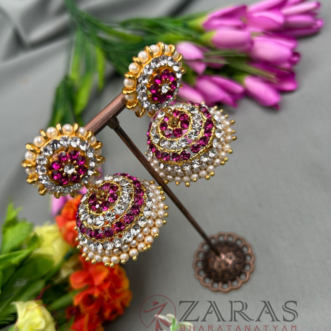 Bharatanatyam Dance Jewellery - 4 Line Jimiki Pink White Stone image 0