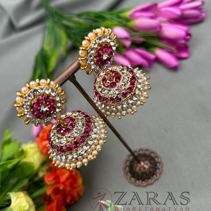 Bharatanatyam Dance Jewellery - 4 Line Jimiki Pink White Stone image 0