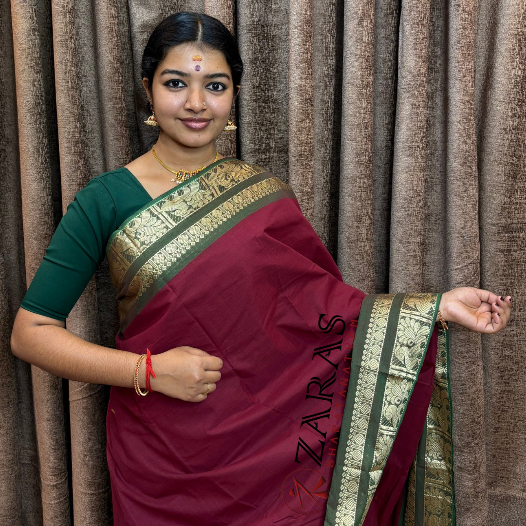 Bharatanatyam Dance Practice Saree - Maroon Green Big Peacock Border image 0