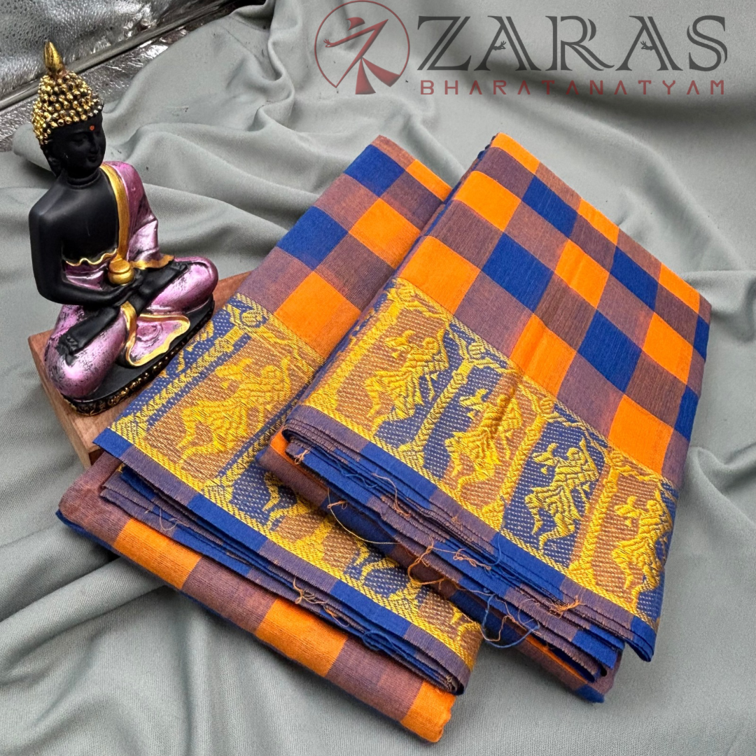 Bharatanatyam Dance Practice Saree - M Yellow and Blue Checked With Gold Doll Border image 2