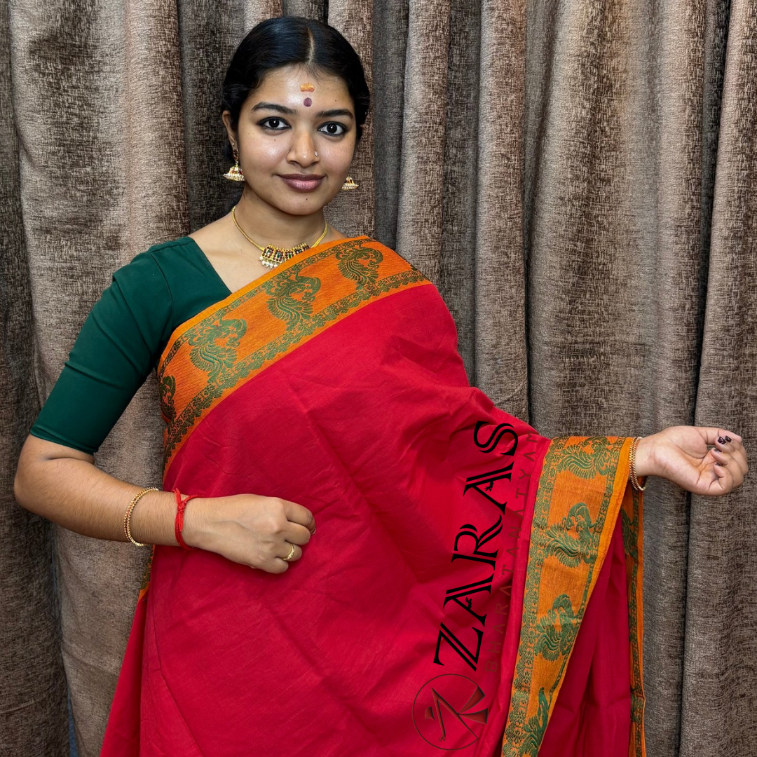 Bharatanatyam Dance Practice Saree - Red Green Peacock Border image 0