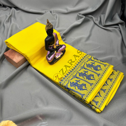 Bharatanatyam Dance Practice Saree - Lemon Yellow With Blue Doll Border image 1