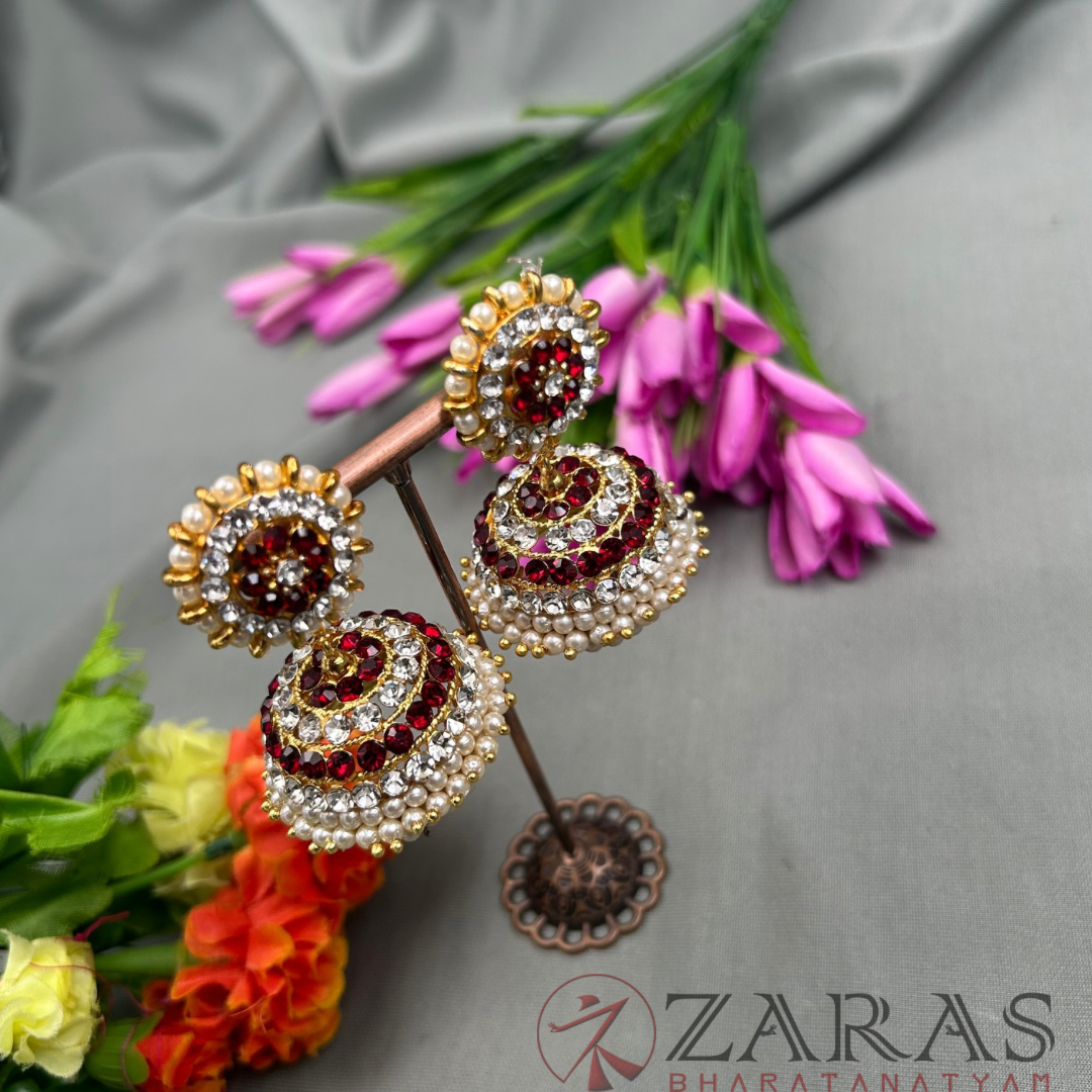 Bharatanatyam Dance Jewellery - 4 Line Jimiki Maroon White Stone image 0