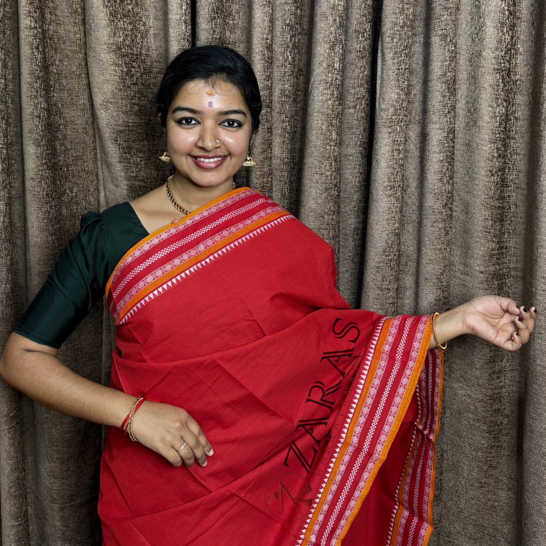 Bharatanatyam Dance Practice Saree - Red with White Double Coin Border image 0