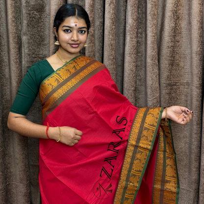 Bharatanatyam Dance Practice Saree - Red Green Mustard Big Peacock Border image 0