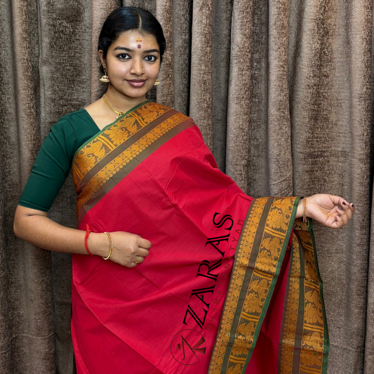 Bharatanatyam Dance Practice Saree - Red Green Mustard Big Peacock Border image 0