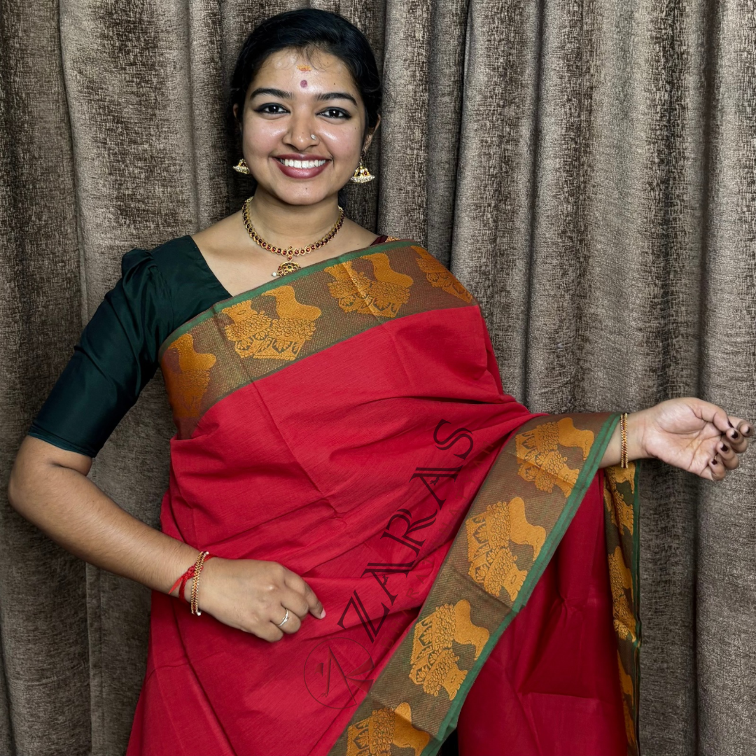 Bharatanatyam Dance Practice Saree - Red with Green Salangai Border image 0